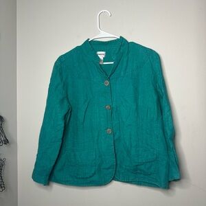 Chicos Women’s 100% Delave Linen Sibley Jade Color Button Down 3/4 Sleeve Jacket